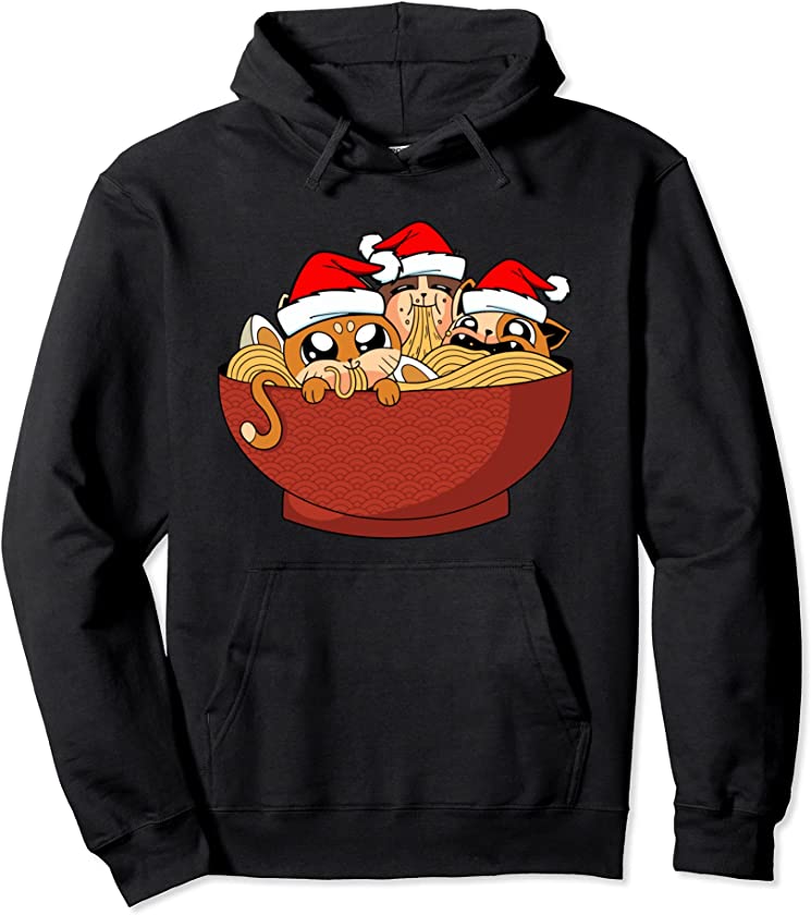 Cat Eating Ramen Christmas Cute Kawaii Kitten X-Mas Pajama Pullover Hoodie