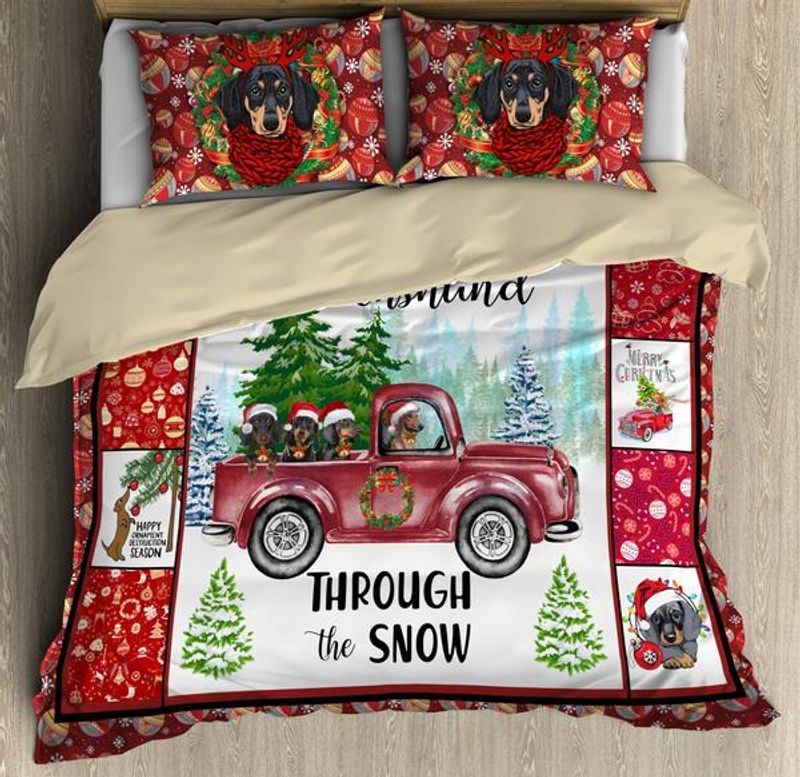 Dachshund Dog Xmas Truck Bedding Set Dog Paw Puppy Bed Cover Bedroom Decor Gift For Christmas Family Friends Bedding Cover With 2 Pillowcases