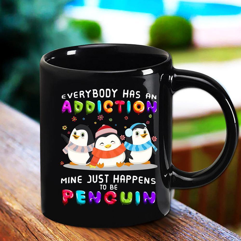 Penguin Addiction Mine Just Happens To Be Penguin Cute Animal Flowers Black Mug