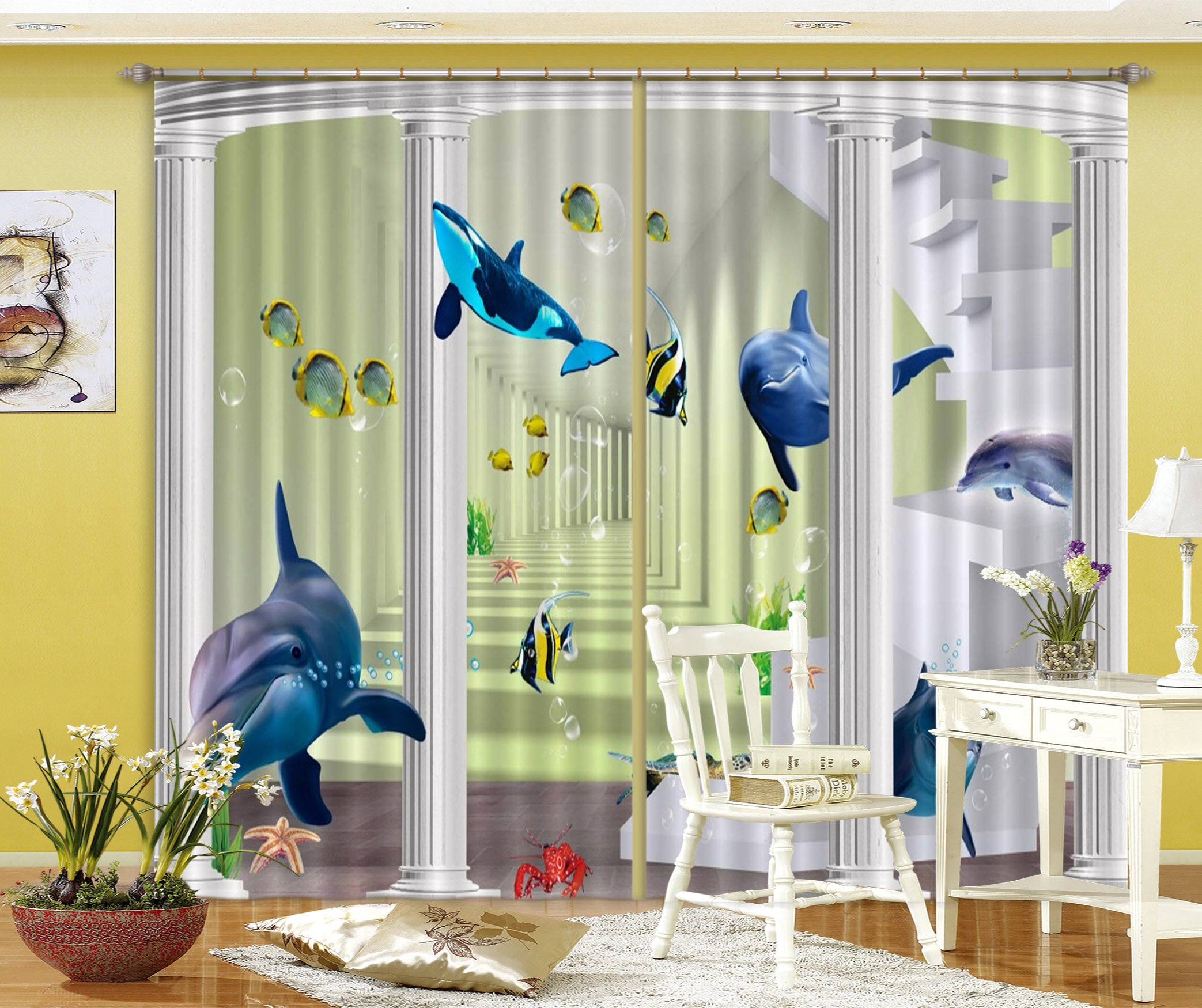 3D Roman Column Corridor Dolphin Fish Curtains And Drapes 39