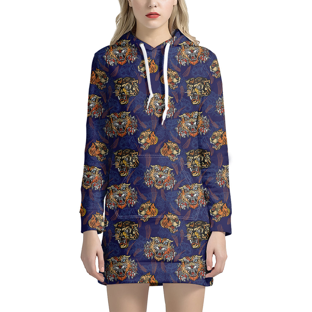 Blue Tiger Tattoo Pattern Print Women’S Pullover Hoodie Dress