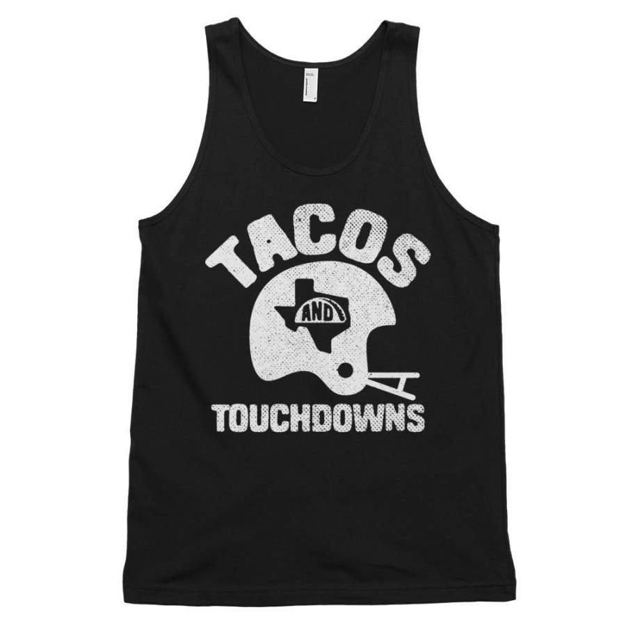 Tacos, Texas, and Touchdowns (White Print) Unisex Classic Tank