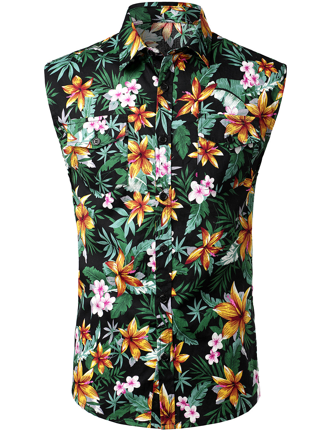 Cotton Tropical Floral Cool Sleeveless Pocket Beach Button Hawaii Shirt Ha88864