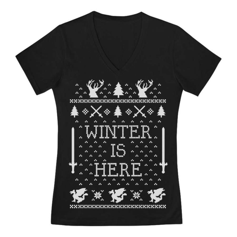 Winter Is Here Ugly Christmas V-Neck Fitted Women T-Shirt