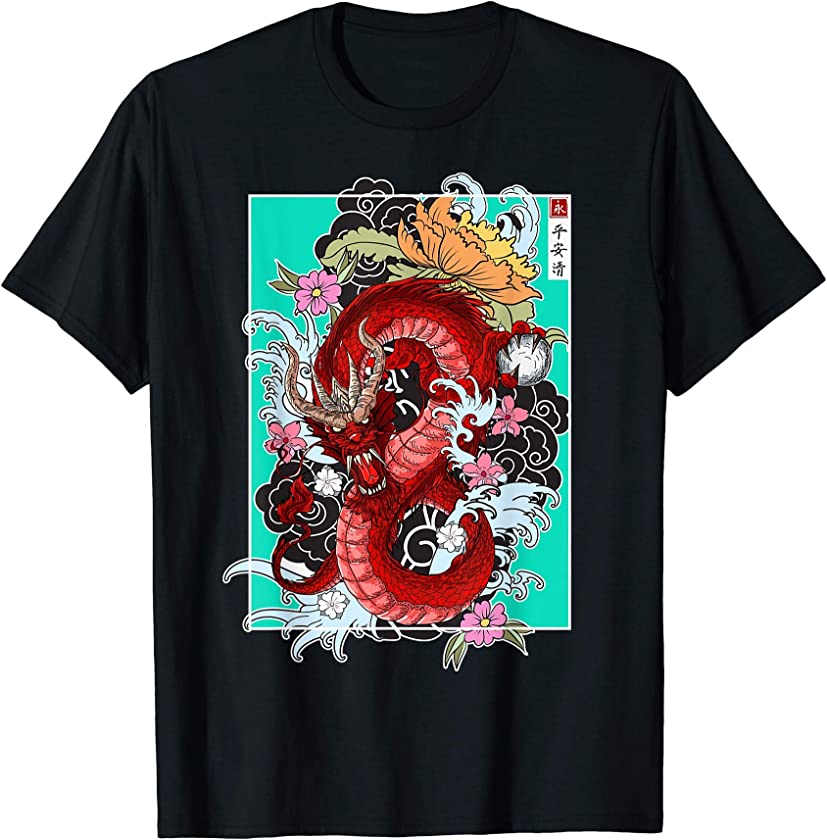 Vintage Sakura Blossom Flowers Japanese Dragon Culture Gift T-Shirt