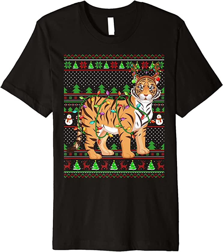 Ugly Xmas Sweater Style Lighting Tiger Christmas Premium T-Shirt