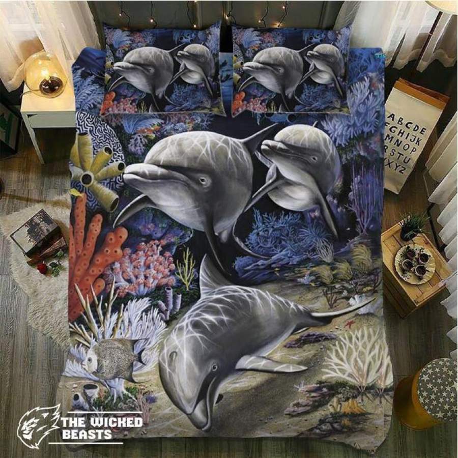 Default Dolphin Diving 3D Customize Bedding Set Duvet Cover Set Bedroom Set Bedlinen