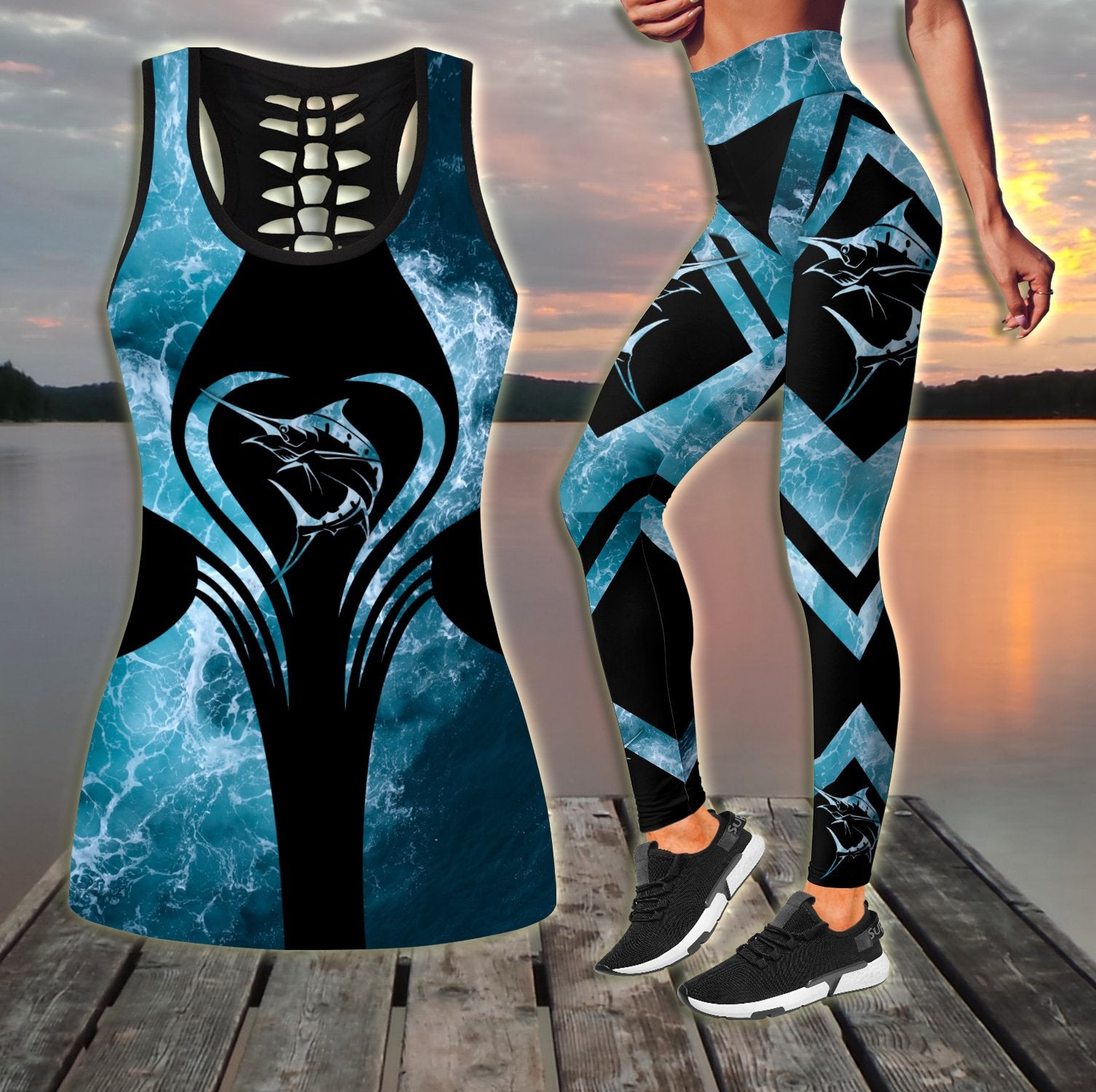 Women Tank Top Leggings Marlin Fishing Gear Blue Ocean Combo Legging + Tank