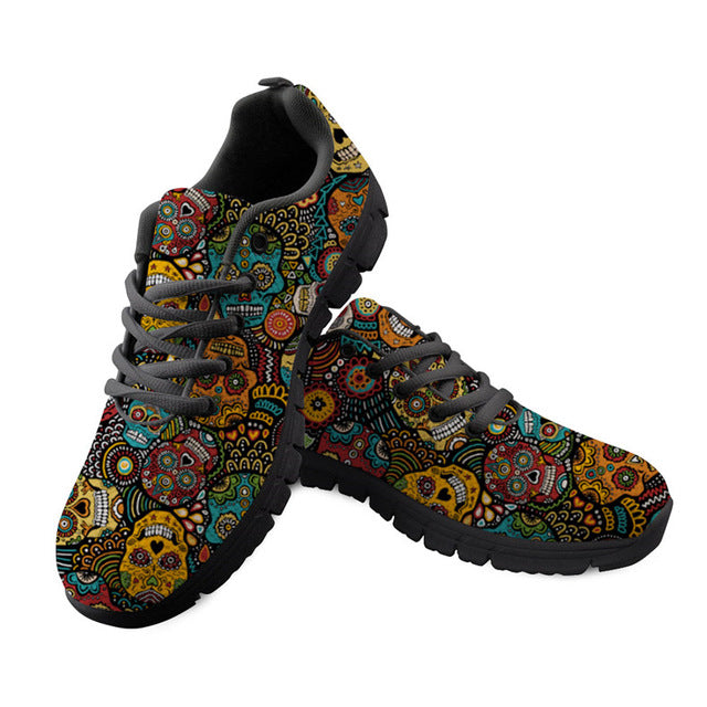 Classic Sugar Skull Print Sneakers Breathable Lace Up Women Mesh Shoes Personalized Ladies Mesh Flats Comfortable