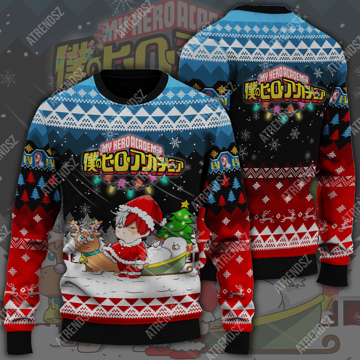 Unifinz My Hero Academia Sweater Chibi Todoroki Shouto Blue Red Ugly Sweater 2022