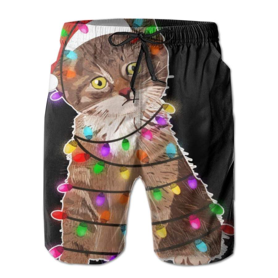 2 Pack Cat Tangled In Christmas Lights Santa Kitten Poster Men Swim Trunks Drawstring Elastic Waist Quick Dry Beach Shorts with Mesh Lining Swimwear Bathing Suits