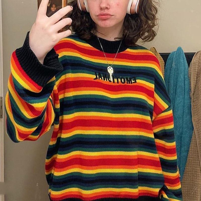 Vintage Rainbow Striped Knitted Sweater Autumn Spring Full Sleeve Loose Pullovers 2000s Retro Aesthetics Y2K Jumpers Streetwear alx