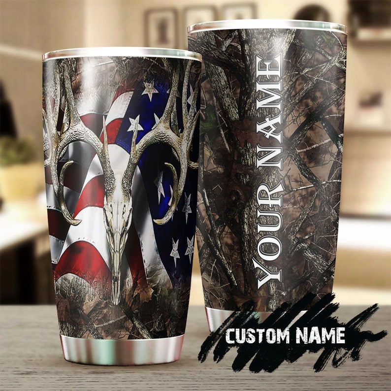 Deer Skull American Flag Personalized Fancy Unique Tumbler-Skull Tumbler-Skull Birthday Gift Christmas Gift For Her For Him