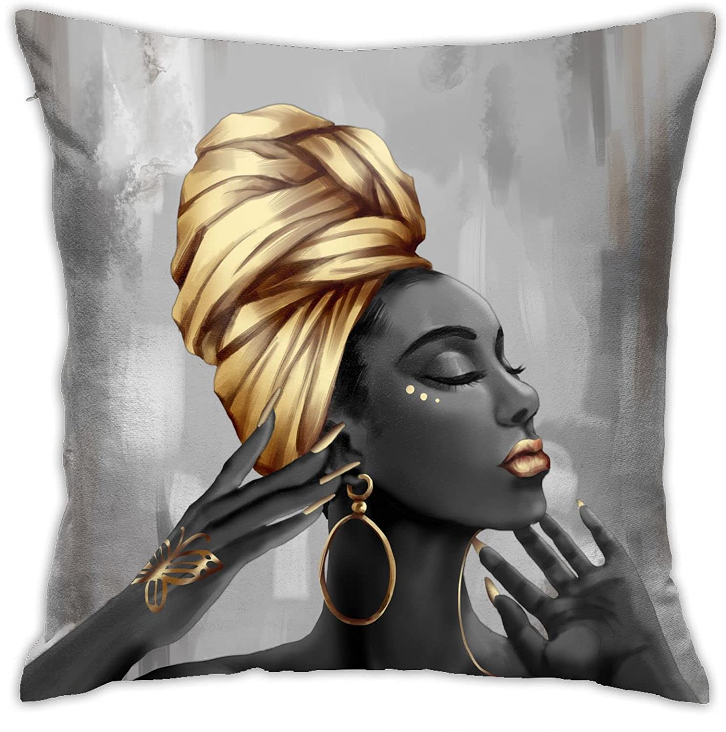 African American Woman Throw Pillow Cover Afro Black Girl With Gold Hood Cushion Covers Zipper Square Pillowcase Decor