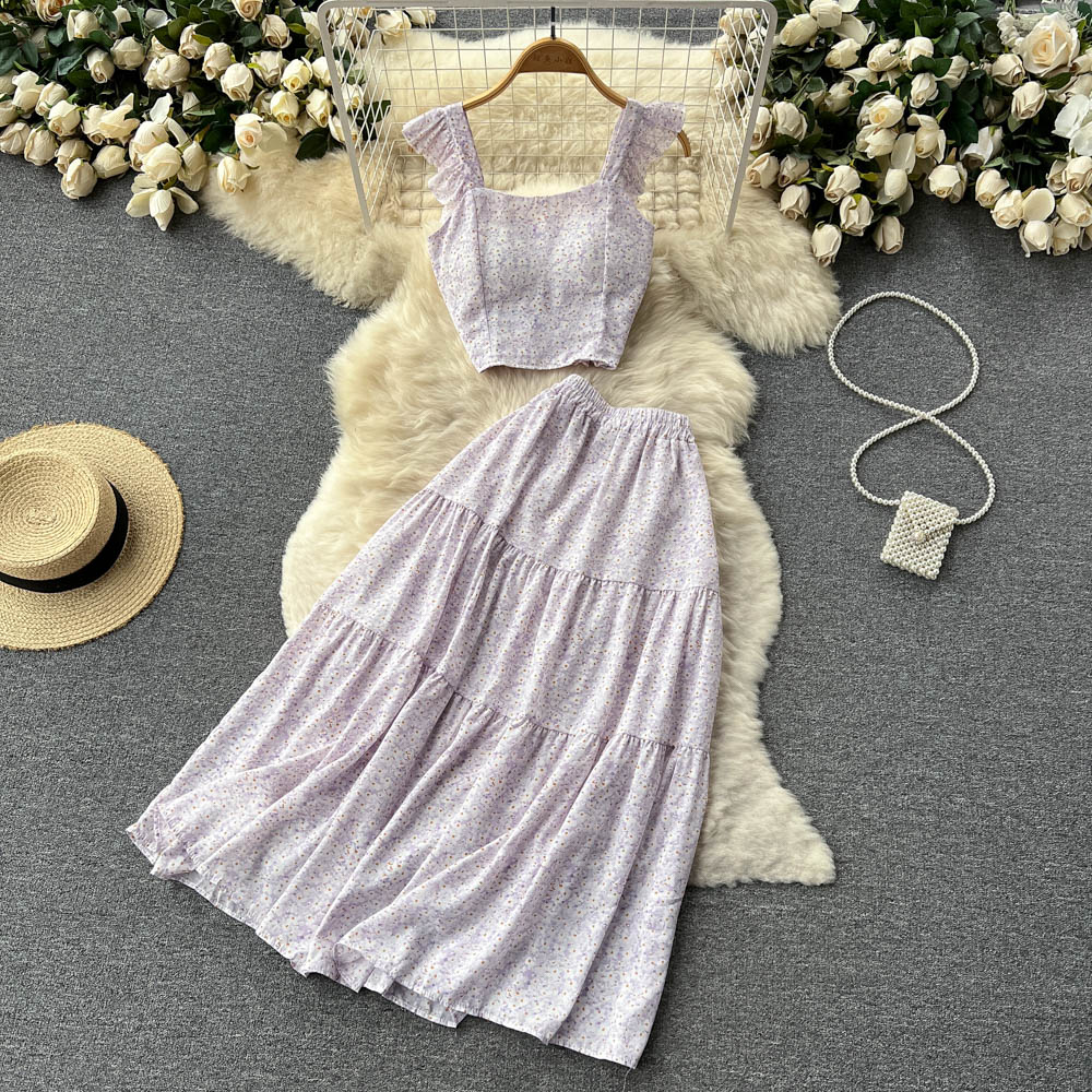 SINGREINY Summer Women Two Piece Sets Chiffon Ruffled Strap Top Camis+Elastic Waist Print Long Skirt Vacation Two Pieces Suits alx