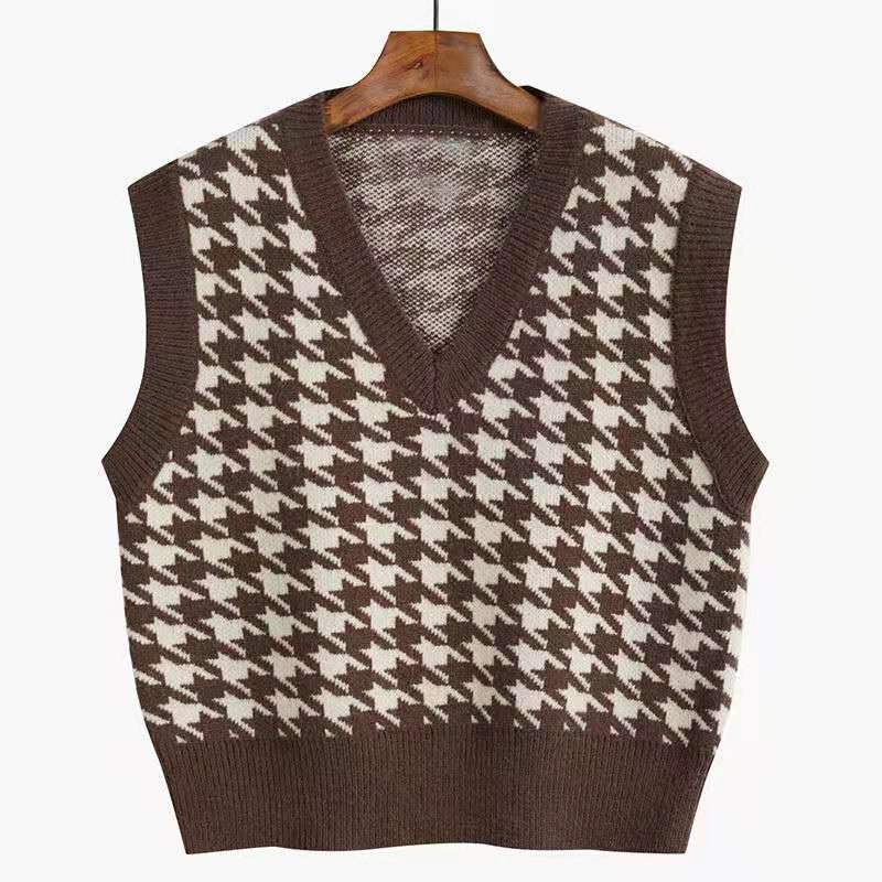 Sweater Vest Women Loose V-neck Plaid Retro Underwear Knitted Tops Korean Fashion Patchwork Sleeveless Sweaters Woman Streetwear alx