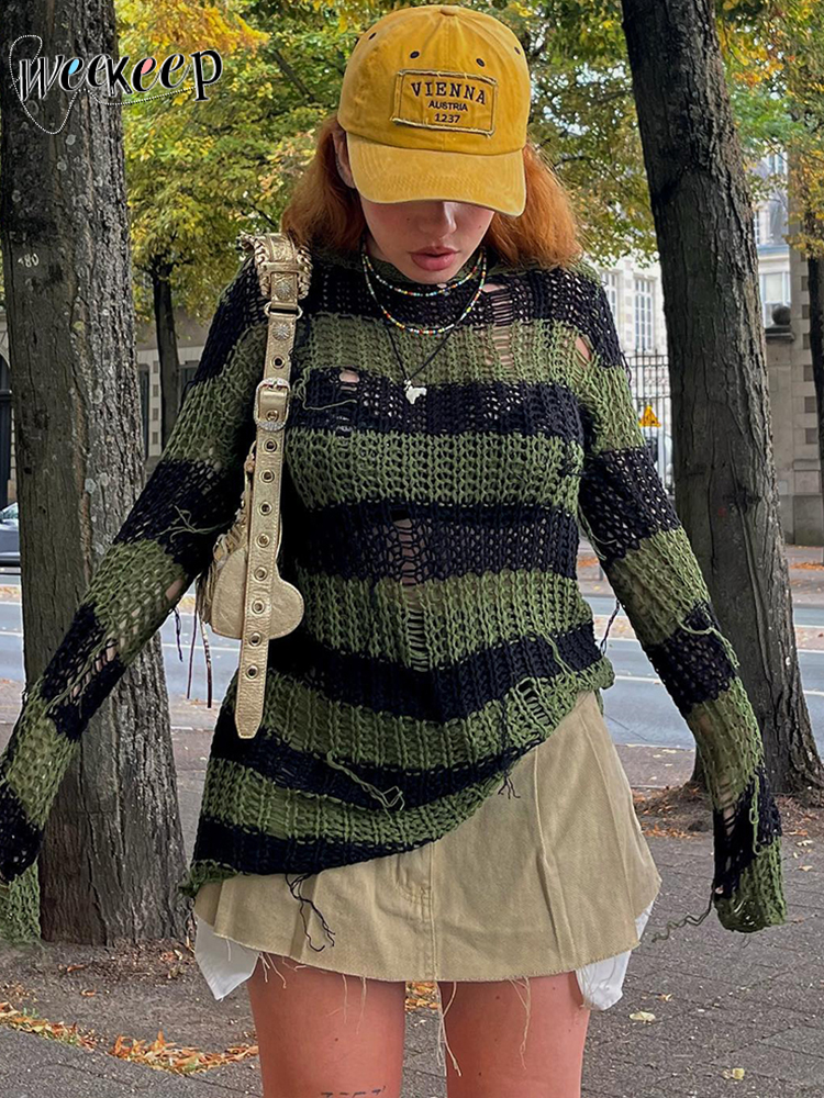 Weekeep Retro Ripped Crochet Sweater Pullovers Distressed Hollow Out Striped Print Knitwear Jumpers Women Grumge 2000s Harajuku alx