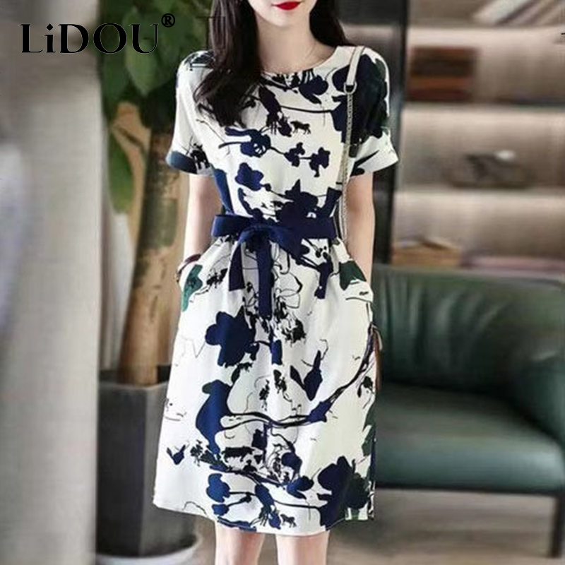 Summer Print Elegant Fashion Ink Painting Dress Women Short Sleeve Chic Aesthetic Vestidos De Fiesta Sweat Vintage Robe Femme alx