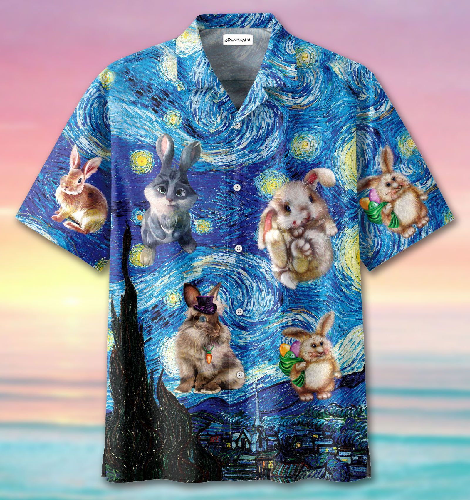 Van Gogh Bunny Starry Night Easter Day Hawaiian Aloha Shirts #Dh