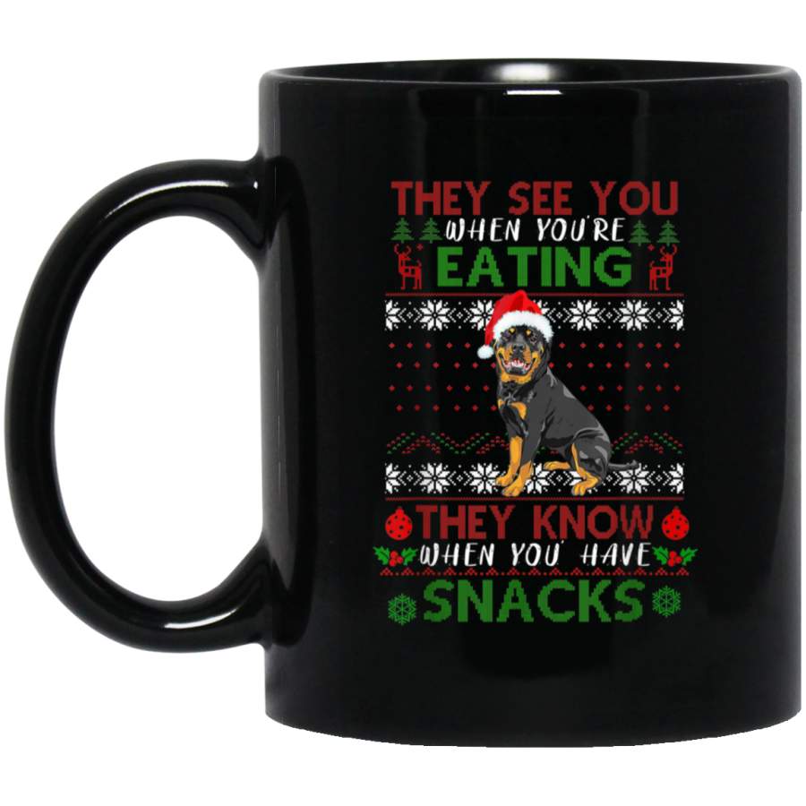 They See You When Youre Eating Rottweiler Ugly Christmas  11 oz 15 oz Mug Black