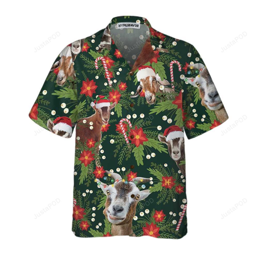 Christmas Goat With Poinsettia Flower Hawaiian Shirt