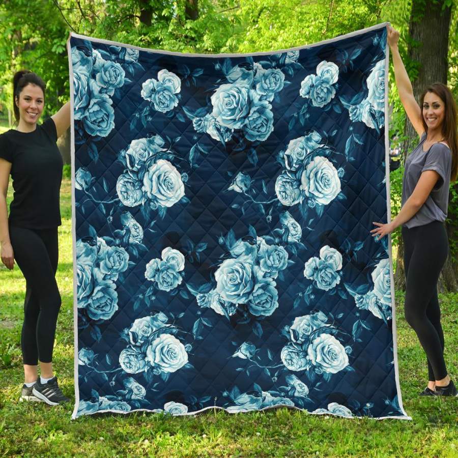 Blue Rose Floral Flower Pattern Print Quilt