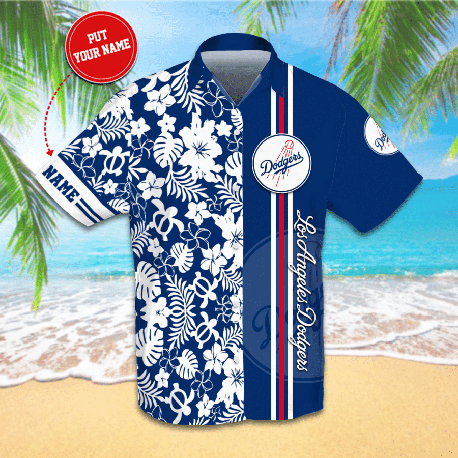 Personalized Los Angeles Dodgers All Over Print 3D Flowery Short Sleeve Dress Shirt Hawaiian Summer Aloha Beach Shirt - Navy - Iebacademy Shop