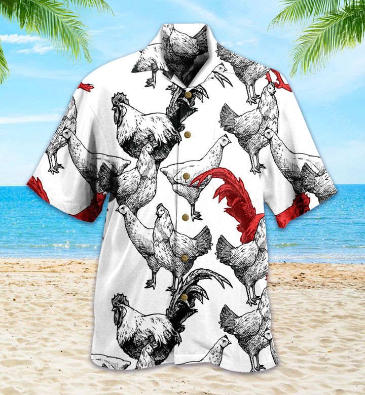 Rooster Chicken Black And White Hawaiian Shirt 3D