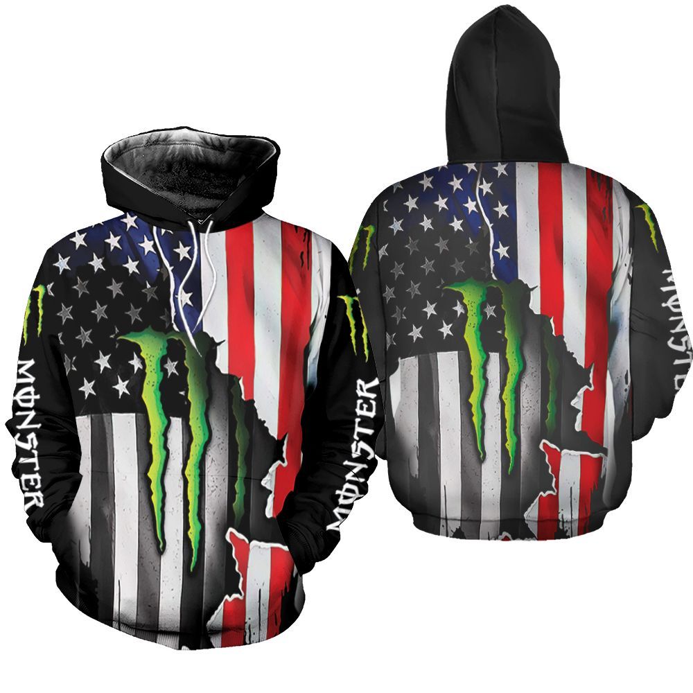 Monster Energy Ripped In American Flag 3D Hoodie Sweater Hoodie T-Shirt