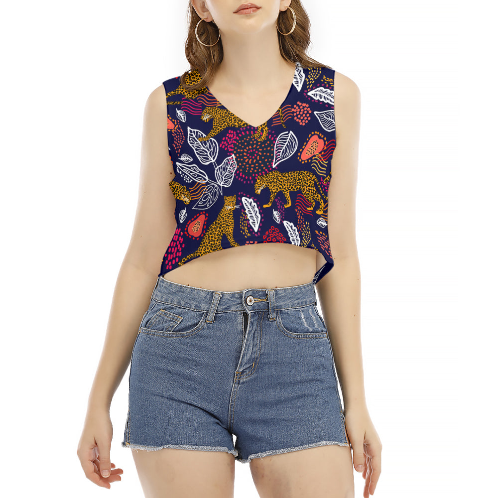 Darkness Jungle Leopard V-Neck Sleeveless Cropped T-Shirt