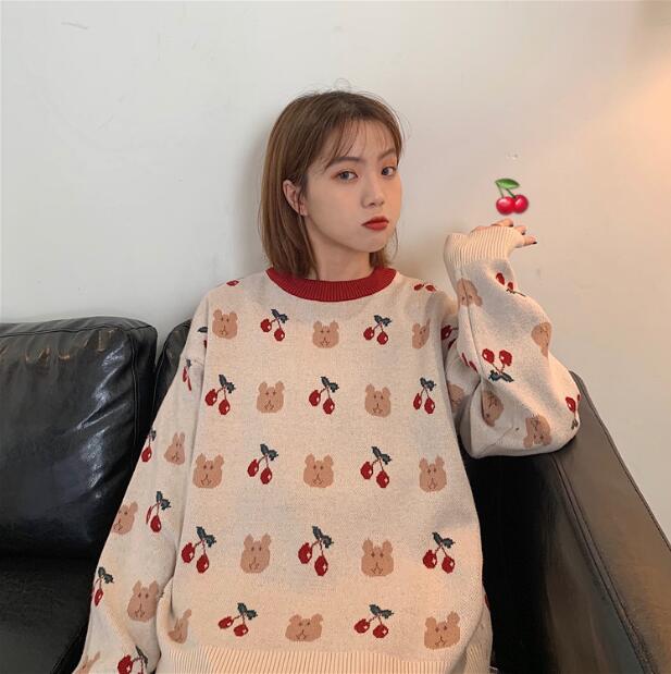 Women’s Sweaters Japanese Kawaii Ulzzang Vintage Loose Bear Cherry Sweater Female Korean Harajuku Cute Clothing For Women alx