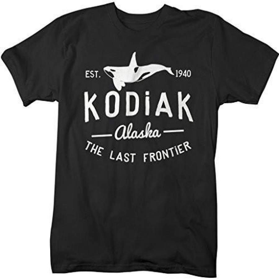 Shirts By Sarah Men’s Kodiak Alaska T-Shirt Last Frontier Orca Whale AK Shirts