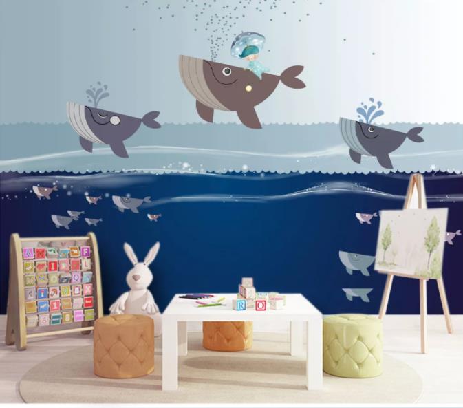 3D Cartoon Ocean Whale Wall Mural Wallpaper 11