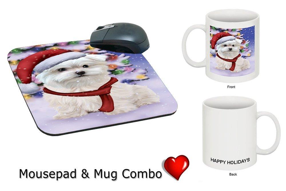 Winterland Wonderland Maltese Puppy Dog In Christmas Holiday Scenic Background Mug & Mousepad Combo Gift Set