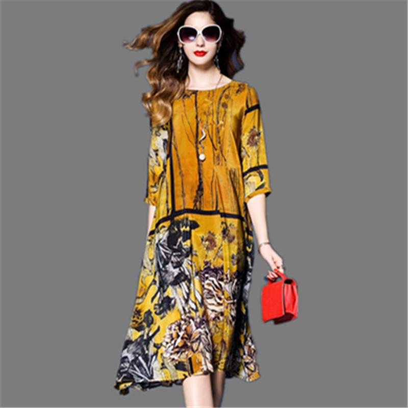 Summer 2021 Women Dress Elegant Floral Spring Three Quarter Sleeve Vestidos Chinese Vintage Print Faux Silk Dresses High Quality alx