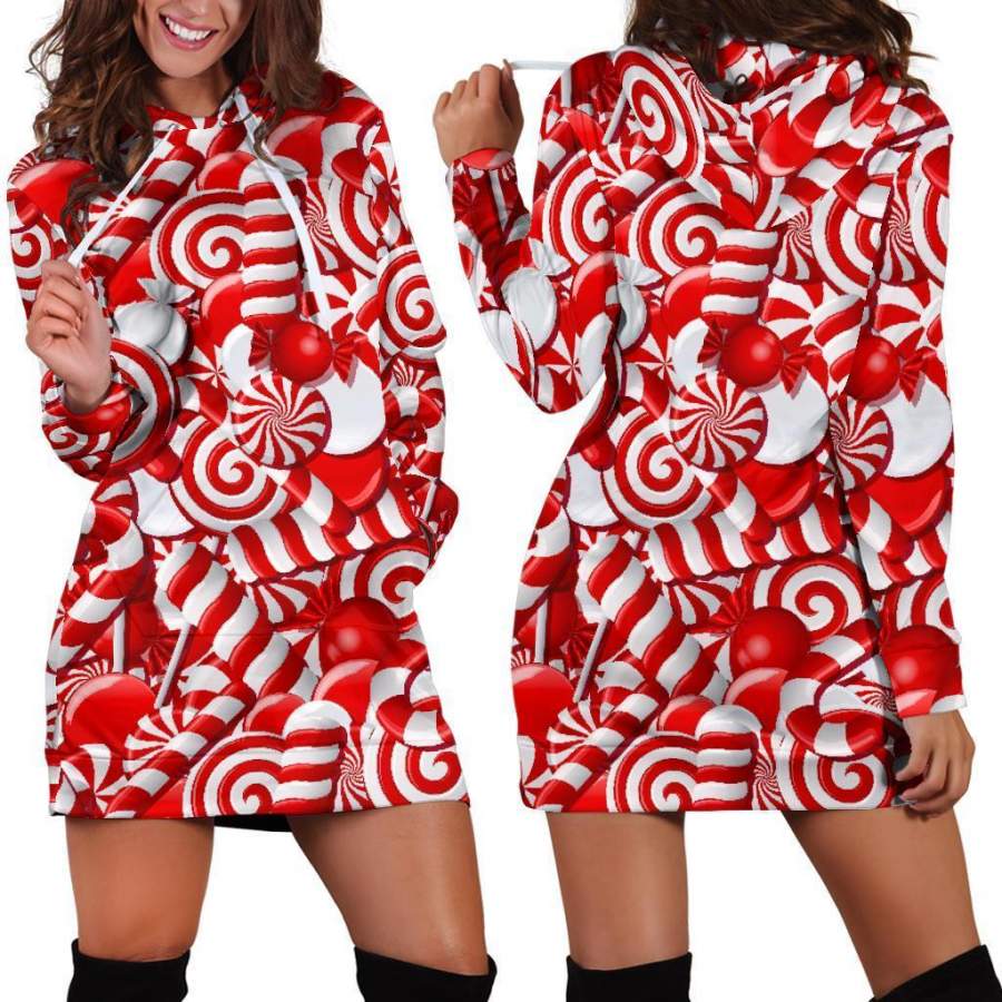 Candy Cane Print Pattern Women Hoodie Dress