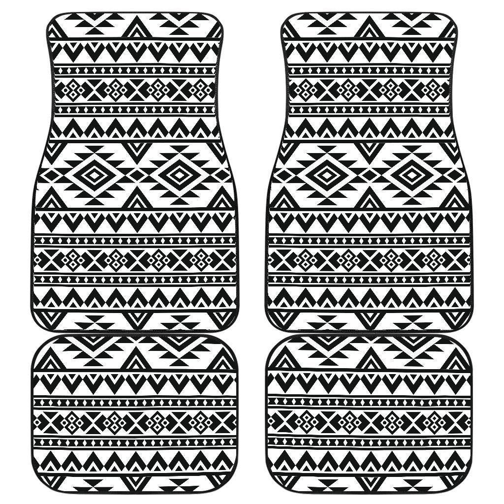 White And Black Aztec Pattern Print Front And Back Car Floor Mats, Front Car Mat