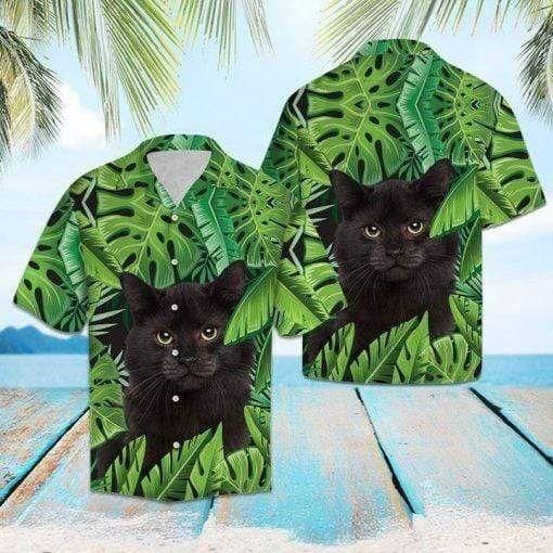 Beach Hawaii Black Cat Tropical Aloha Hawaiian Shirt Colorful Short Sleeve Summer Beach Casual Shirt For Men And Women