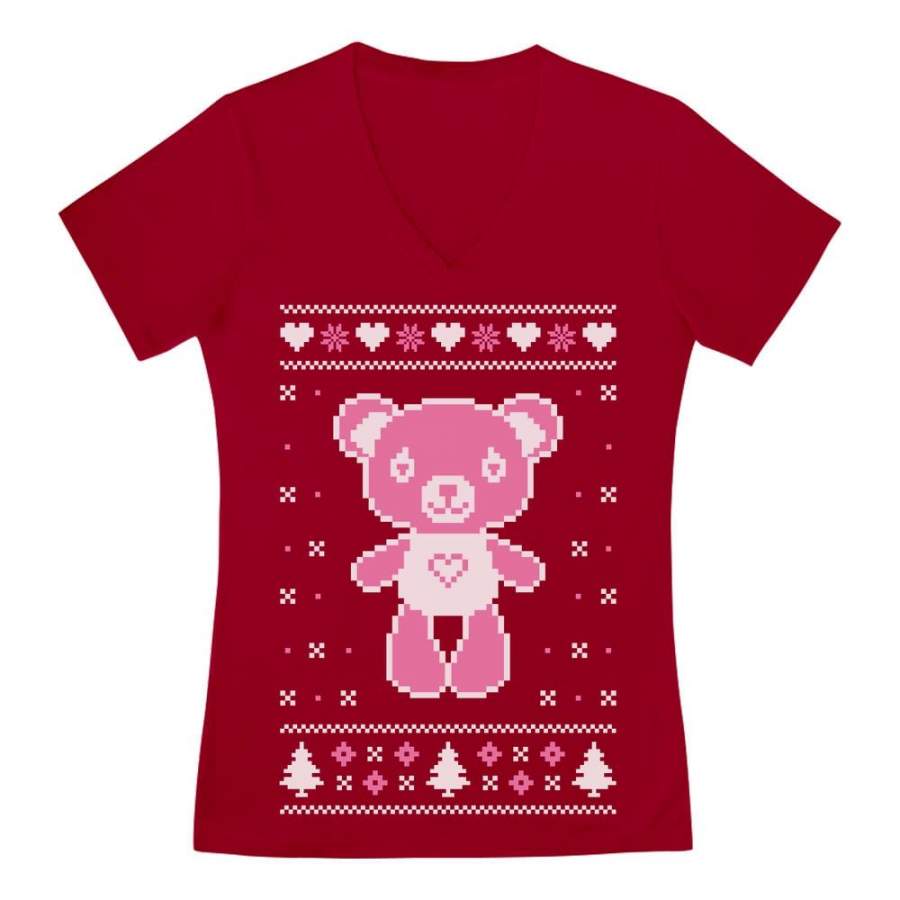 Big Pink Furry Bear Doll Ugly Christmas Sweater Funny V-Neck Fitted Women T-Shirt