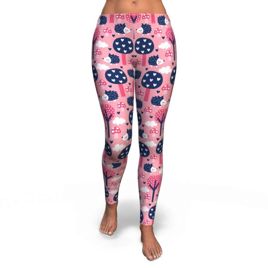 Pink Mushroom Three Hedgehogs Pattern Print Pattern Women Leggings