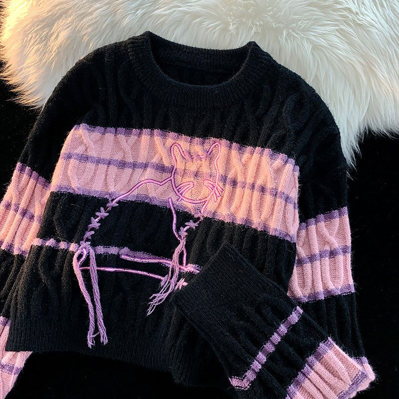 Sweet and cute cat embroidery striped sweater women’s 2022 loose casual short cropped navel knitted tops women’s fashion sweater alx