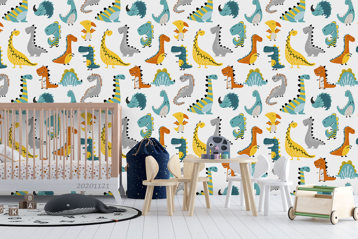 3D Cartoon Hand Drawn Colorful Dinosaur Animal Pattern Wall Mural Wallpaper Lxl