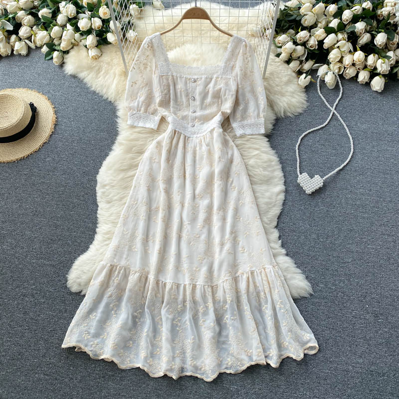 Vintage Elegant Women Dress Summer Square Collar Short Sleeve Embroidery Lace Dresses Female Slim Midi-Length Vestidos alx