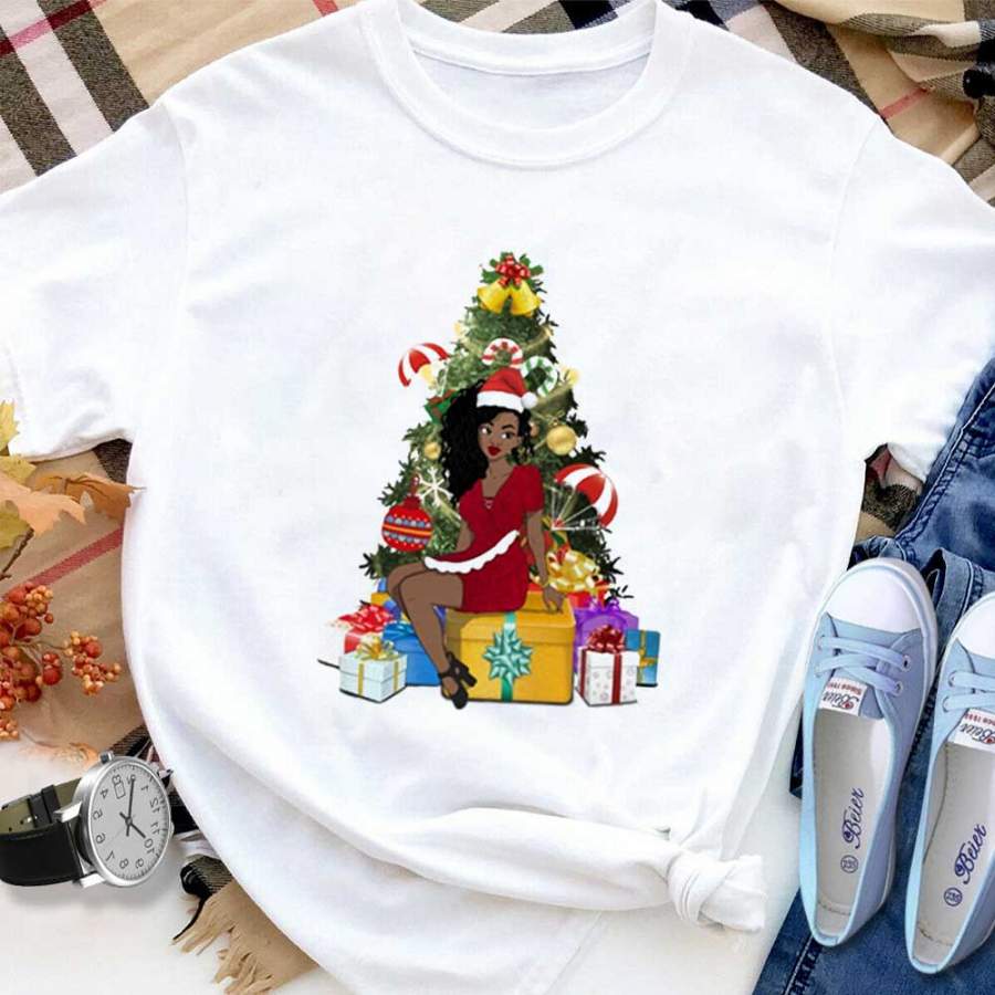 Black women cute claus christmas gift candy cane merry christmas white cotton t shirt for men and women S-6XL