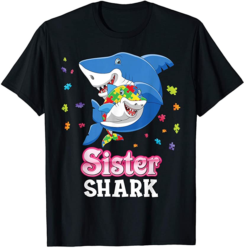 Sister Shark Autism Awareness Rainbow Puzzle Matching Do T-Shirt