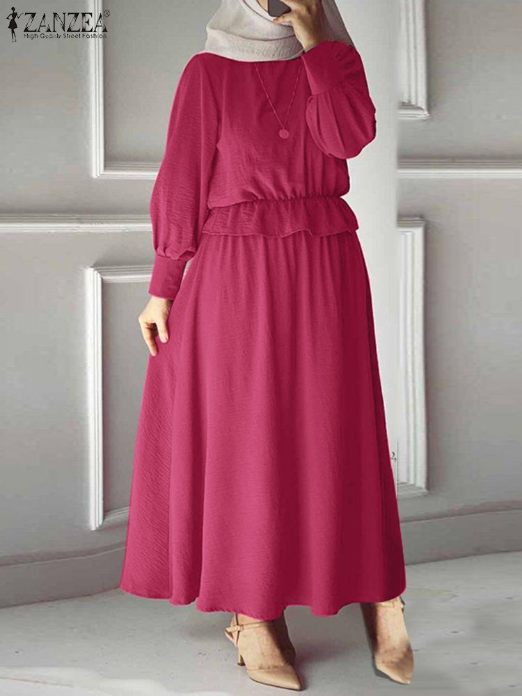 2022 ZANZEA Solid O-Neck Puff Sleeve Sundress Women Spring Muslim Dress Female Fashion Casual Elegant Abaya Kaftan Long Robe alx