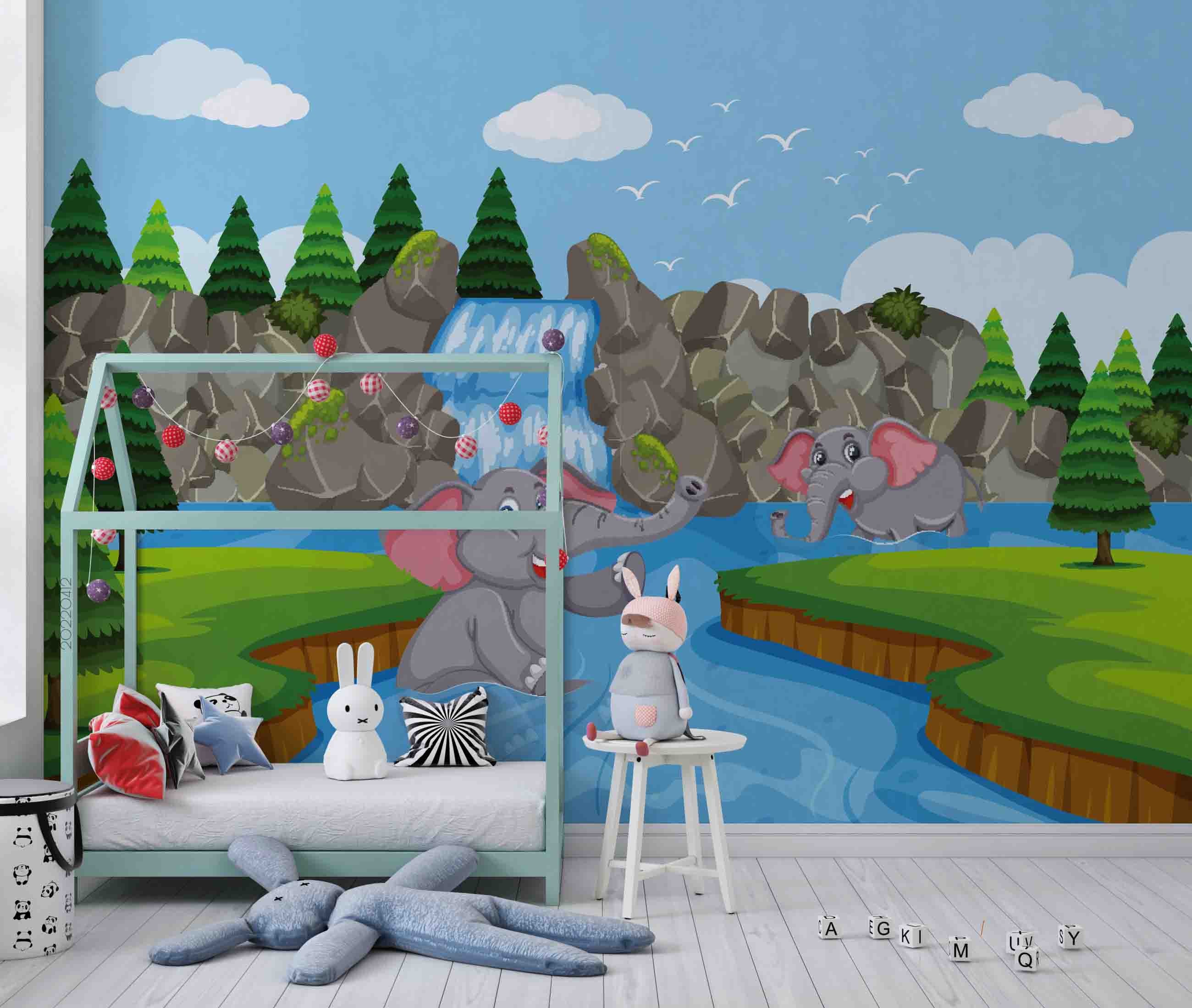 3D Cartoon Forest River Cute Elephant Wall Mural Wallpaper Gd 3892