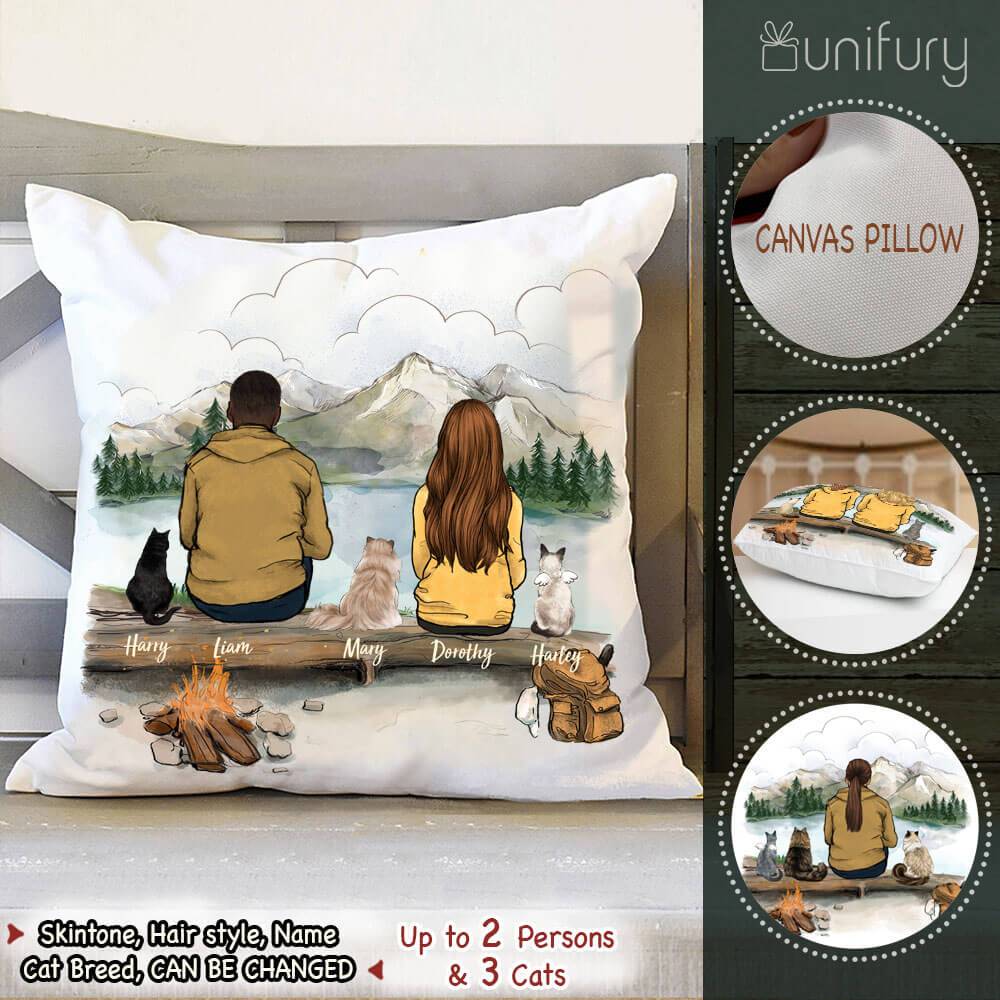 Personalized Custom Cat & Couple Throw Pillow – Mountain – Hiking