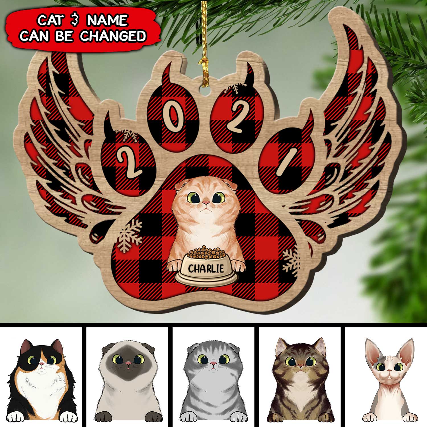 Personalized Christmas Paw Cat Wings Plaid Buffalo Pattern Wood Custom Shape Ornament Nvl20Oct21Tp2