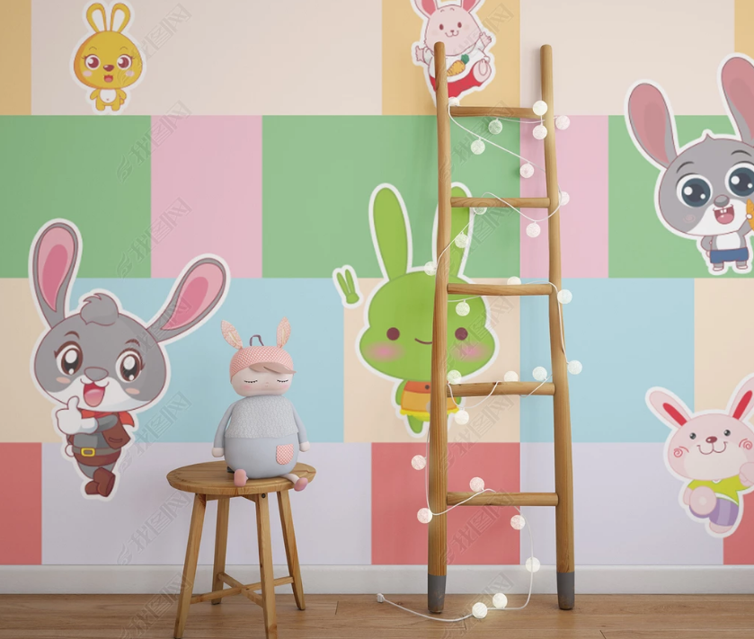 3D Cartoon Color Geometric Rabbit Wall Mural Wallpaper Lqh 136